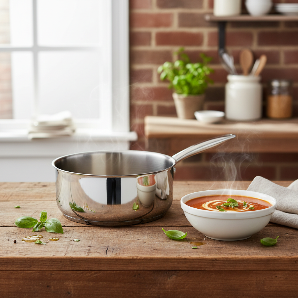 Casserole inox pro 18cm sur table en bois rustique avec bol de soupe tomate fumante et basilic frais