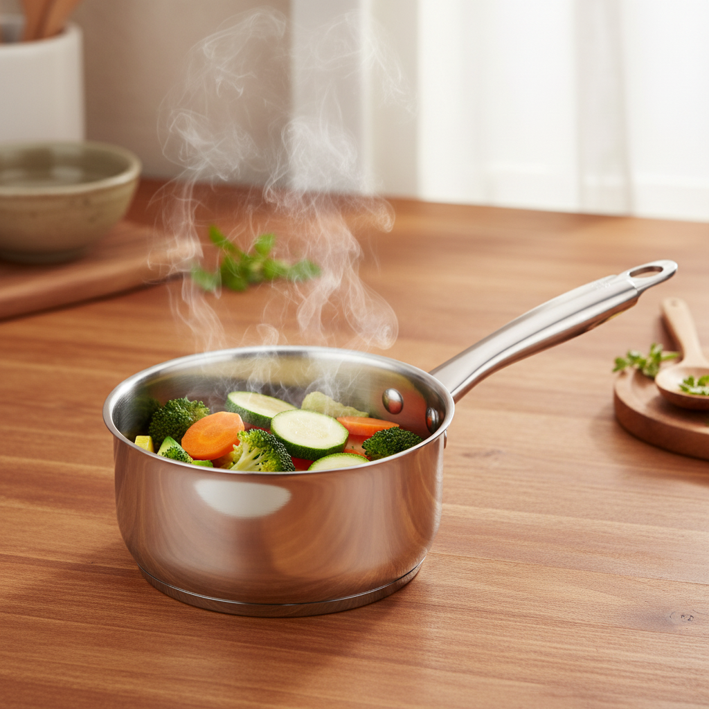 Casserole Inox 16cm Induction avec légumes en train de cuire sur bois chaud