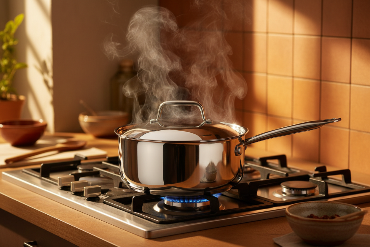 Casserole inox pro 22cm en cuisson sur le feu avec vapeur qui s'échappe, lumière dorée