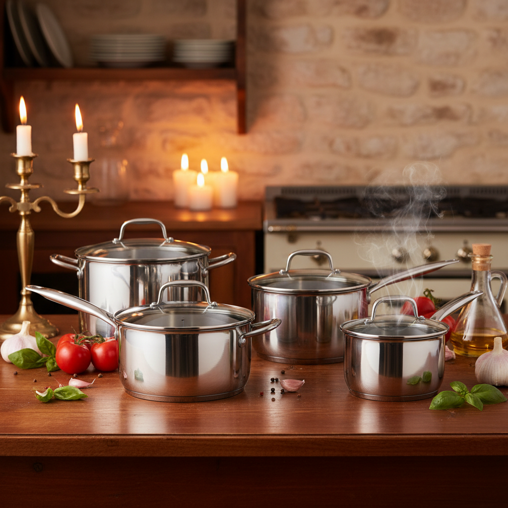 Set 5 casseroles inox induction ambiance bistro français chaleureux