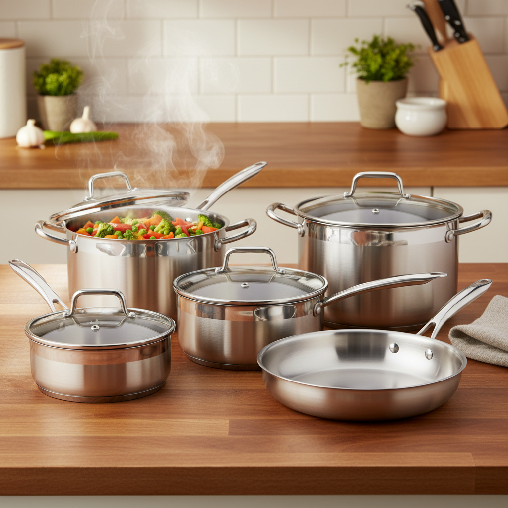 Batterie de cuisine inox 10 pièces avec légumes en cuisson sur bois chaud