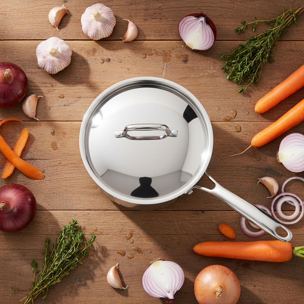 Casserole induction 30cm premium flat lay sur table en bois avec légumes frais, ail et thym