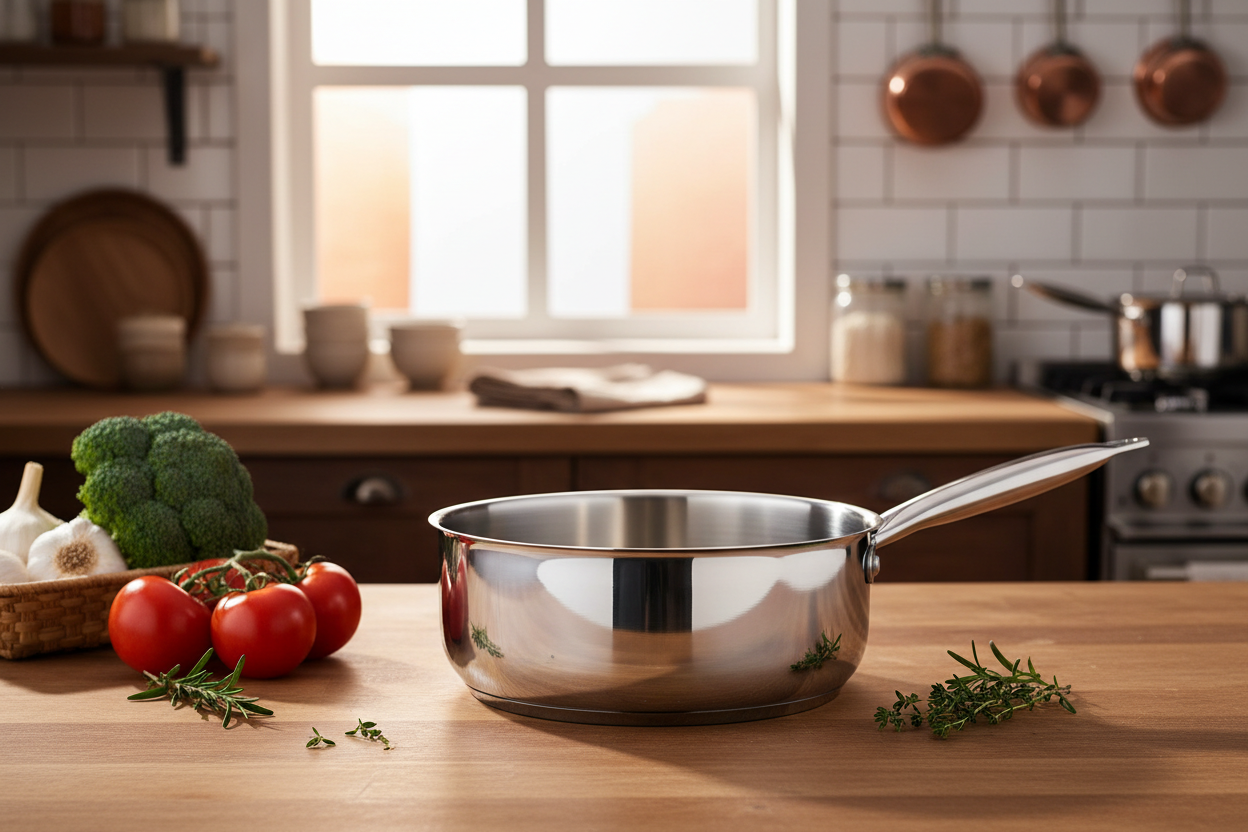 Casserole induction 30cm sur plan de travail en bois avec légumes frais et lumière dorée