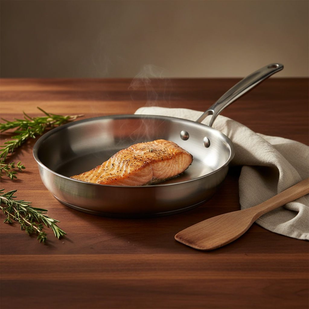 Poêle Inox 30cm Professionnelle — lifestyle bois chaud saisie