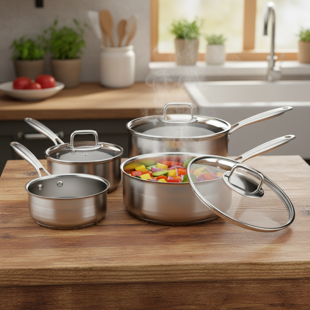 Set de 5 casseroles inox induction avec légumes en cuisson sur bois chaud