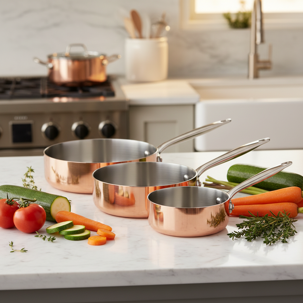 Set de Casseroles en Cuivre 3 Pièces — lifestyle comptoir marbre avec légumes frais