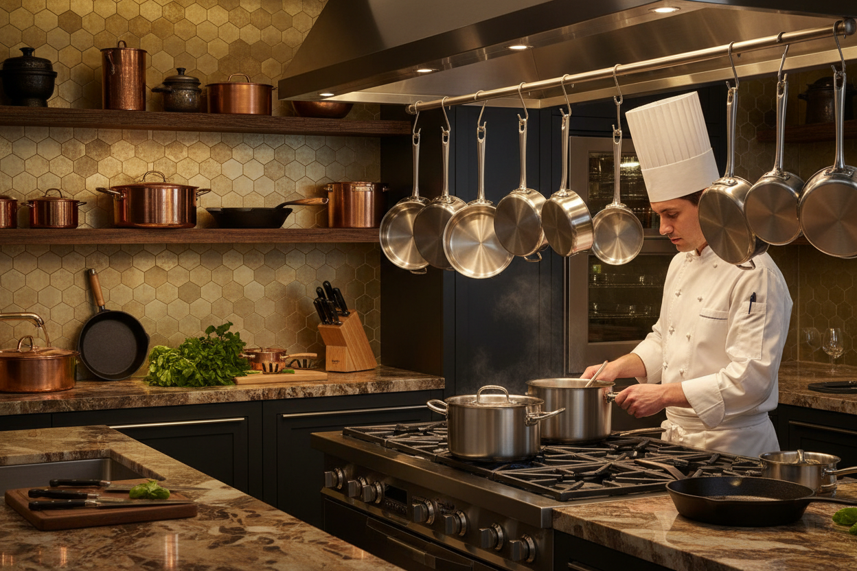 Cuisine professionnelle premium avec chef et matériel de cuisson