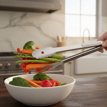 Pinces de cuisine inox professionnelles en action