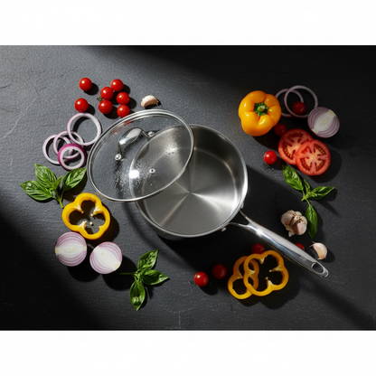 Casserole inox 28cm professionnelle flat lay ardoise avec légumes colorés, éclairage dramatique éditorial
