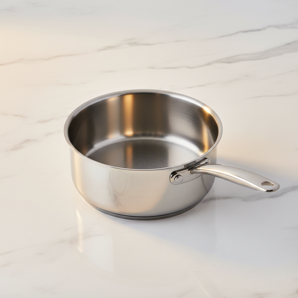 Casserole inox pro 18cm sur comptoir marbre blanc avec lumière dorée