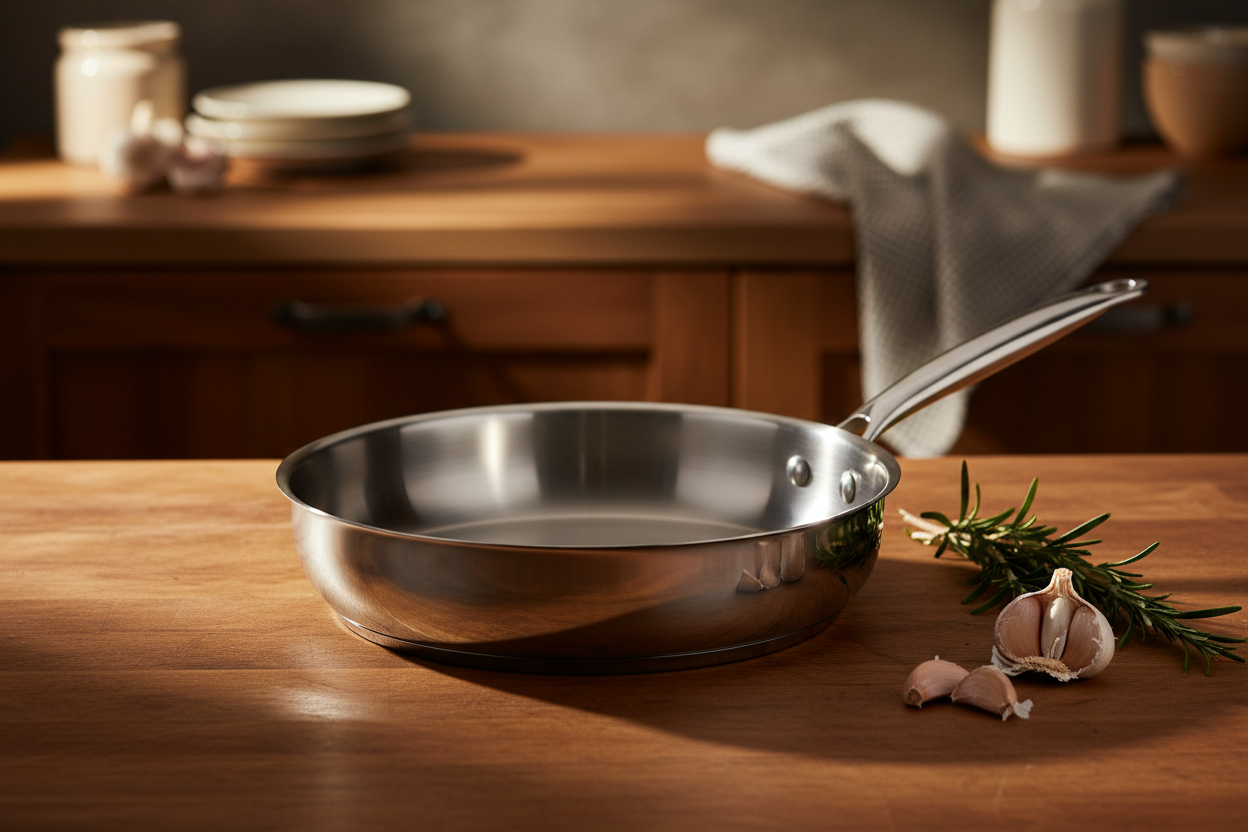 Poêle en inox 26cm sur plan de travail en bois avec romarin et ail, lumière dorée