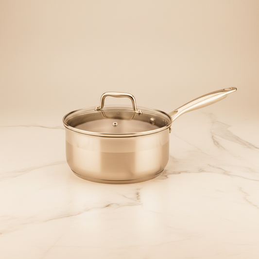 Casserole Inox 20cm Induction sur fond marbre blanc lumière dorée