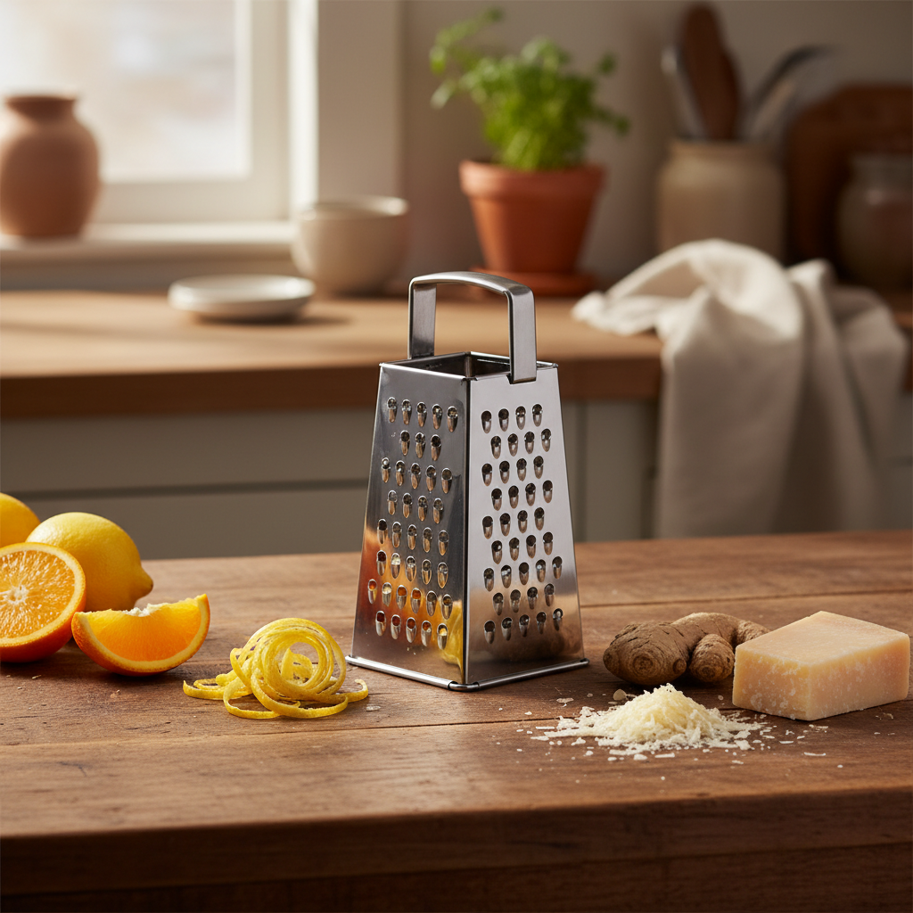 Râpe et zesteur inox avec zestes de citron, tranches d'orange, gingembre frais et parmesan, lumière naturelle chaleureuse
