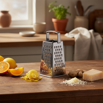 Râpe et zesteur inox avec zestes de citron, tranches d'orange, gingembre frais et parmesan, lumière naturelle chaleureuse