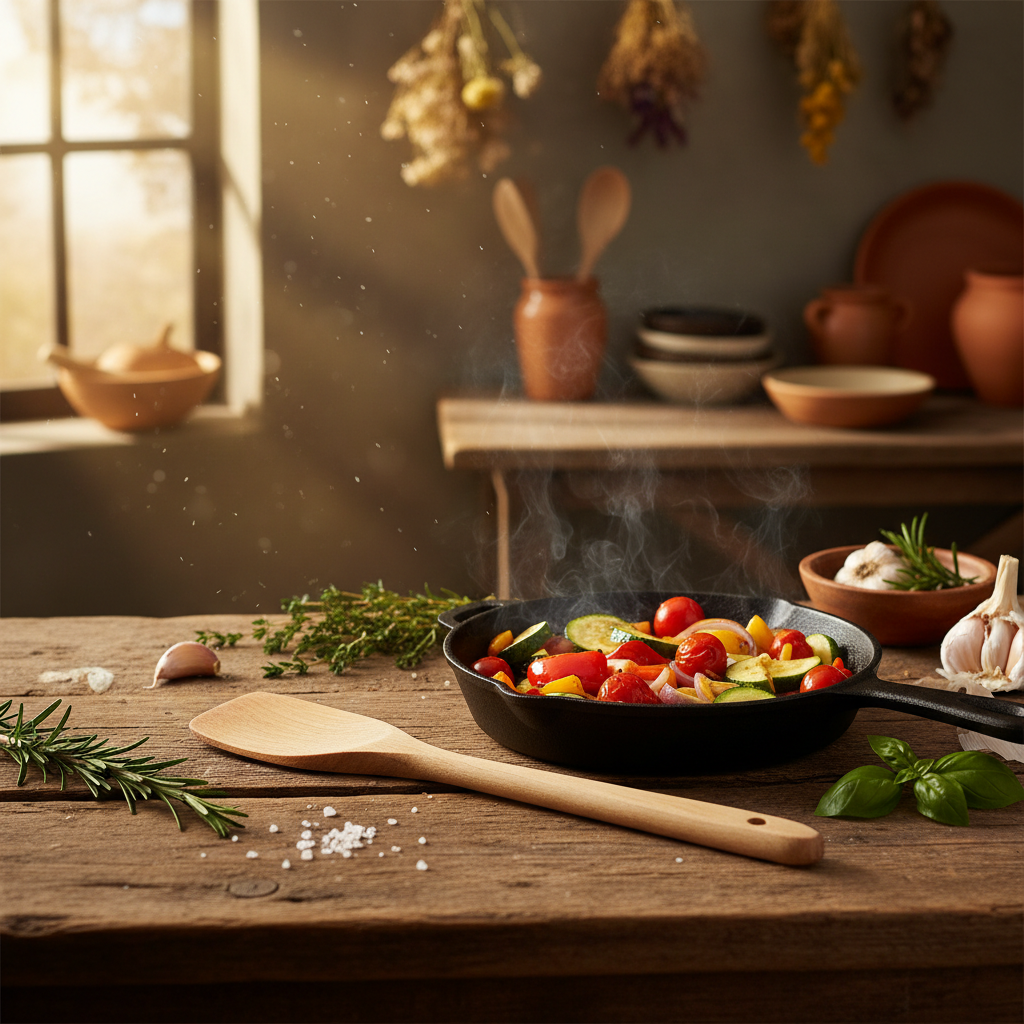 Spatule bois naturel 30cm sur table rustique avec poêle en fonte, légumes sautés et herbes fraîches, lumière dorée