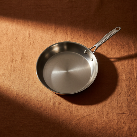 Poêle en inox 26cm sur fond terracotta chaud avec lumière dorée
