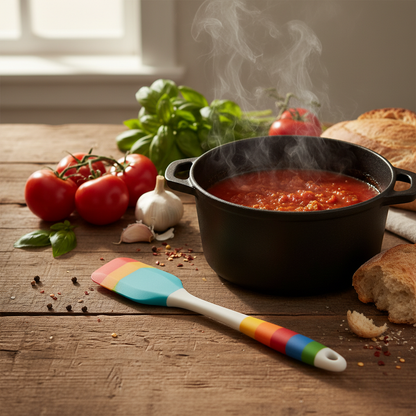 Spatule silicone haute température sur table en bois avec casserole fumante et ingrédients frais, lumière naturelle chaleureuse