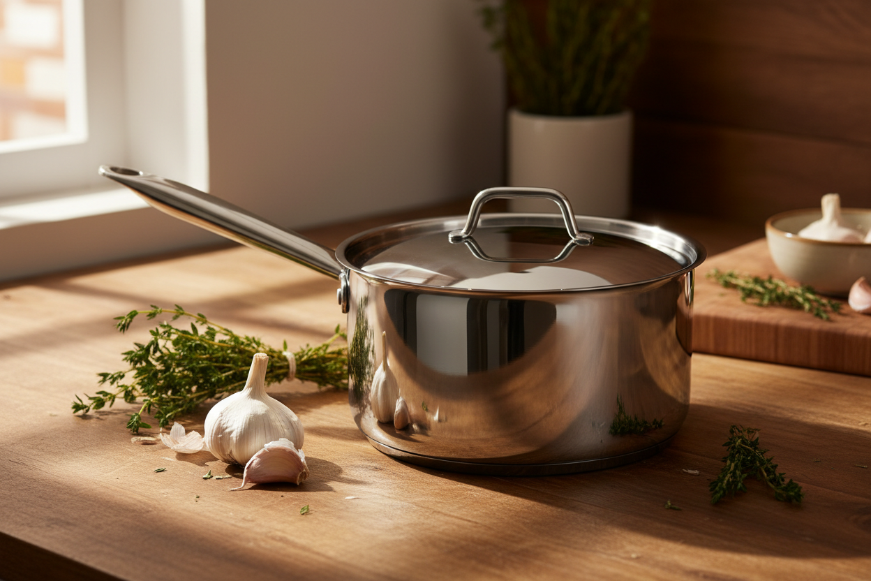 Casserole inox pro 26cm sur plan de travail en bois avec thym et ail, lumière dorée