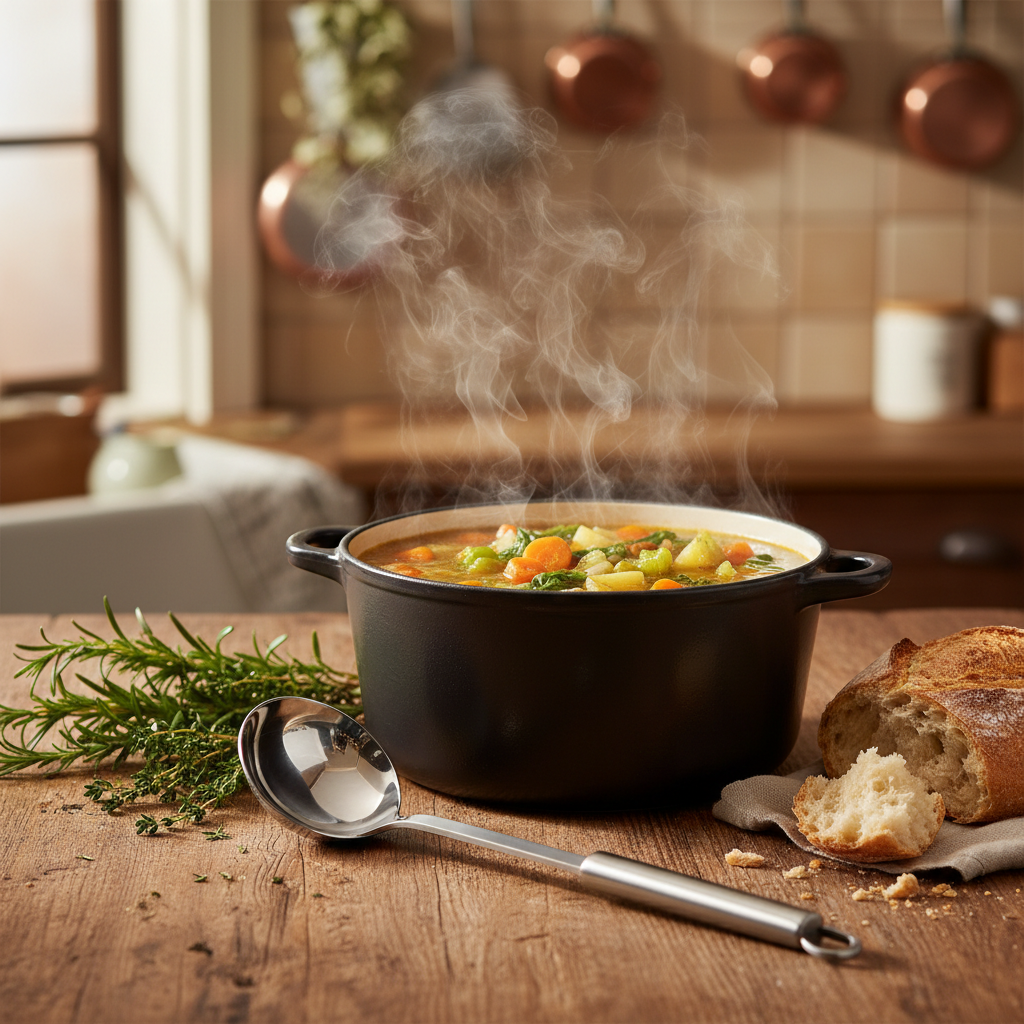 Louche inox professionnelle avec grande marmite de soupe fumante, herbes fraîches et pain artisanal, lumière naturelle chaleureuse