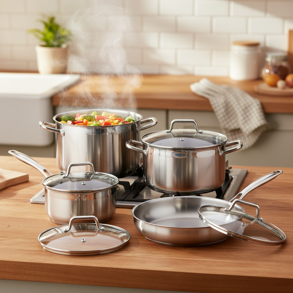 Batterie de cuisine professionnelle inox 7 pièces avec légumes en cuisson sur bois chaud