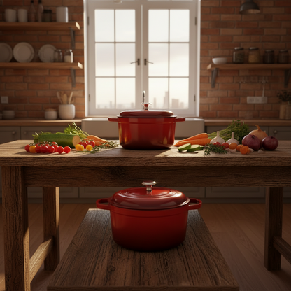 Cocotte en Fonte Émaillée 30cm rouge sur fond naturel bois