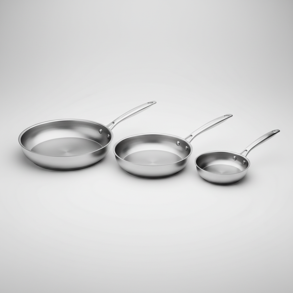 Set de 3 poêles en inox sur fond gris dégradé avec ombre douce
