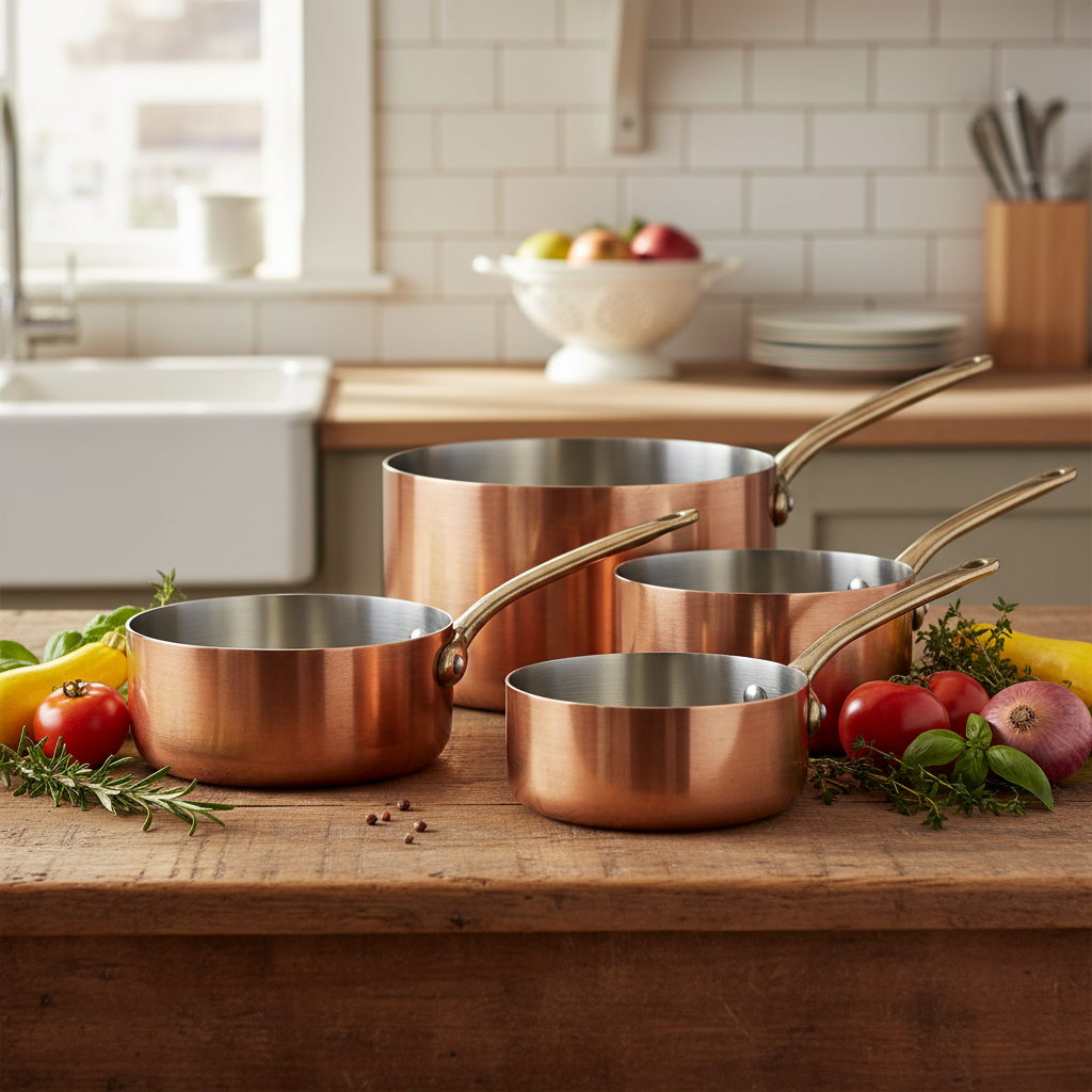 Set de 3 casseroles en cuivre intérieur inox sur table en bois rustique avec herbes fraîches et légumes, lumière dorée