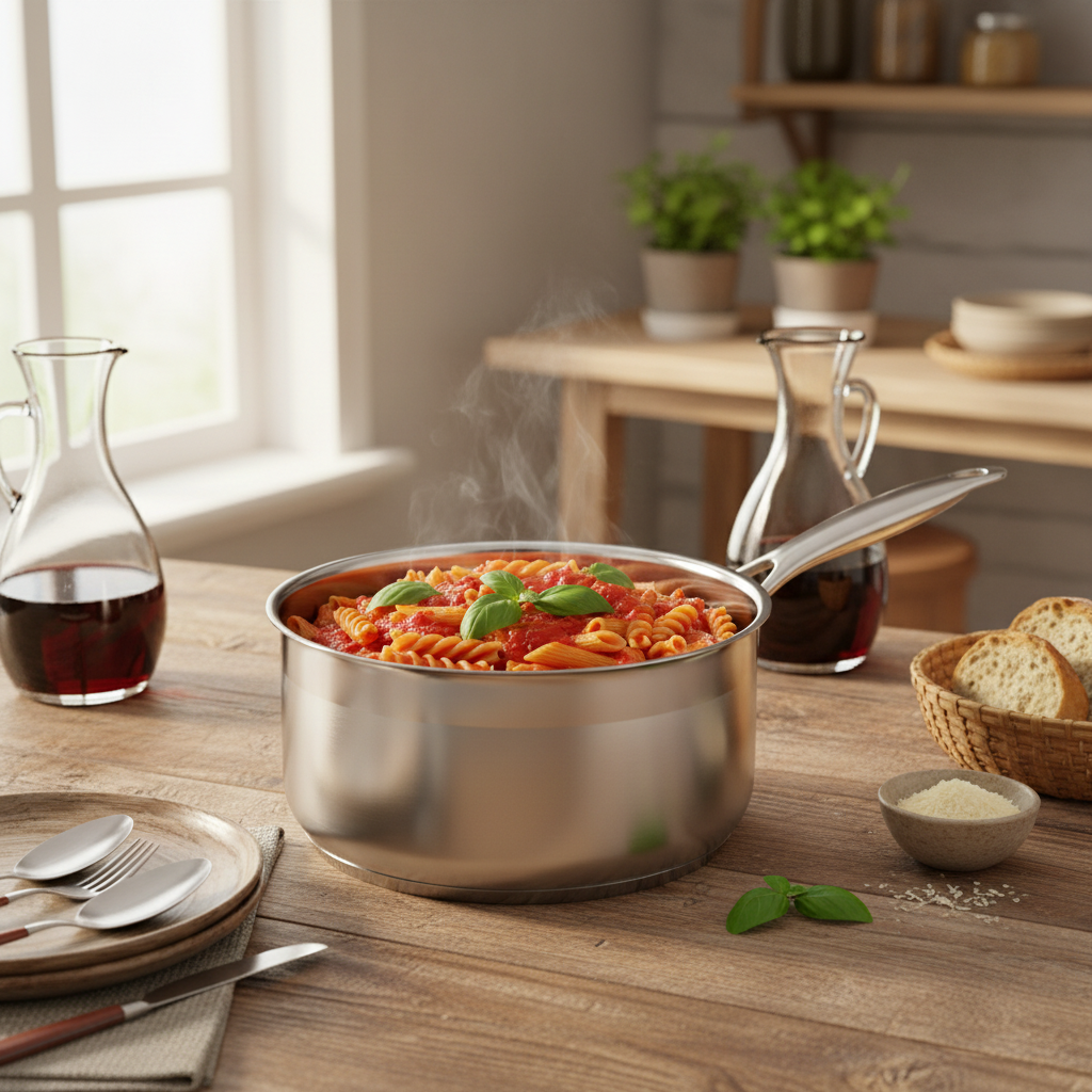 Casserole inox 28cm avec pâtes sauce tomate et basilic frais, ambiance repas rustique
