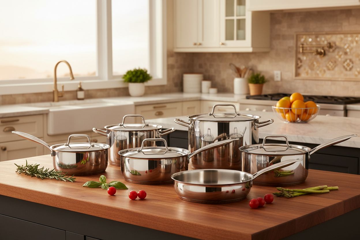 Batterie de cuisine inox induction dans une cuisine luxueuse avec bois chaud et herbes fraîches