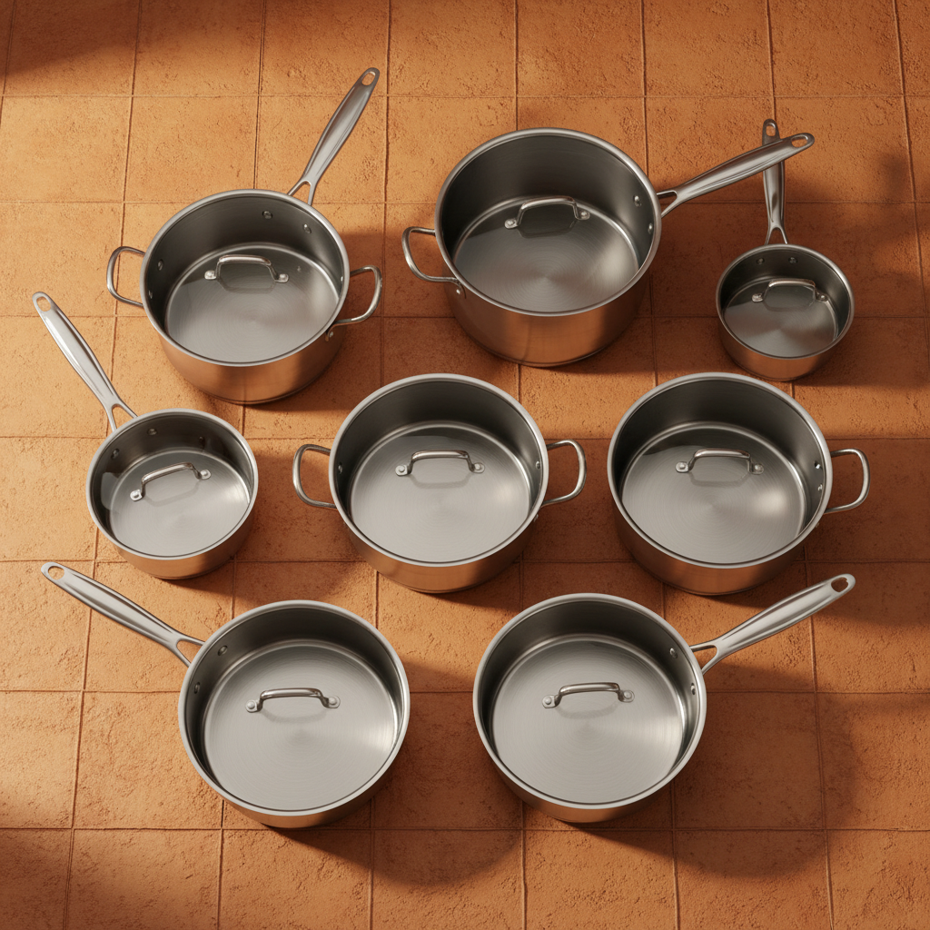 Batterie de cuisine inox induction sur fond terracotta avec lumière dorée