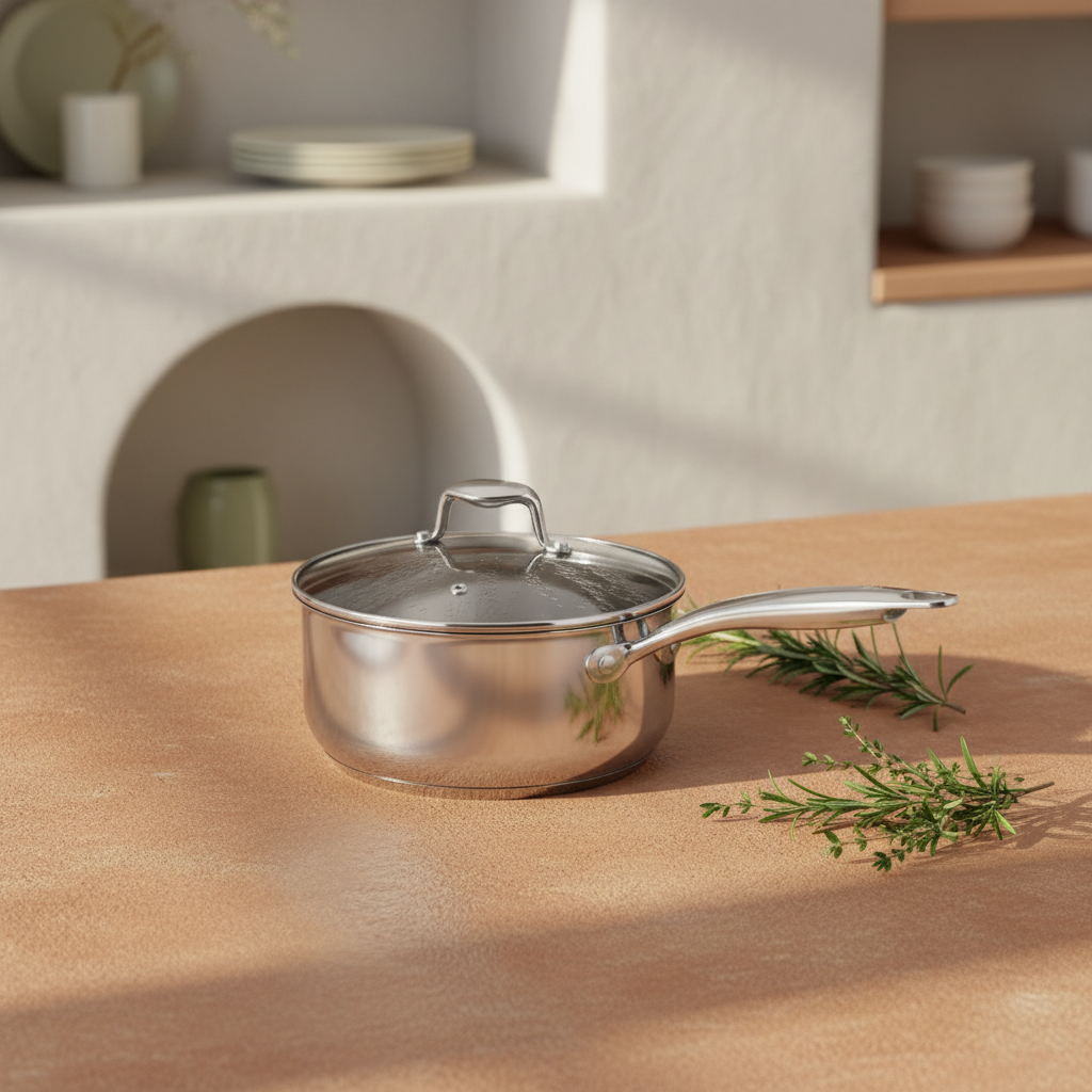 Casserole inox 28cm professionnelle sur surface terracotta, lumière dorée, romarin et thym, style méditerranéen