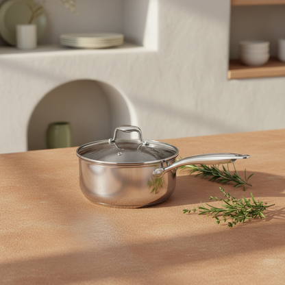 Casserole inox 28cm professionnelle sur surface terracotta, lumière dorée, romarin et thym, style méditerranéen