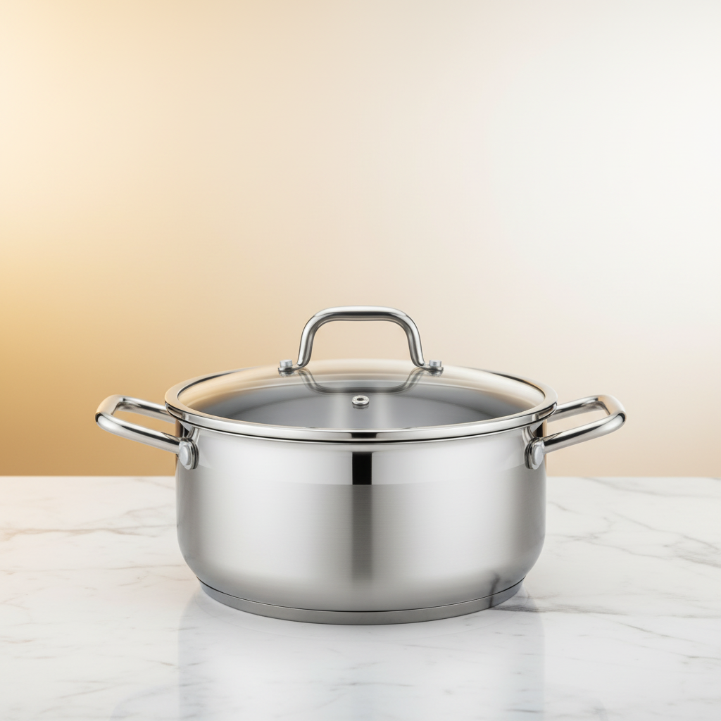 Casserole Inox 24cm Induction sur fond marbre blanc lumière dorée