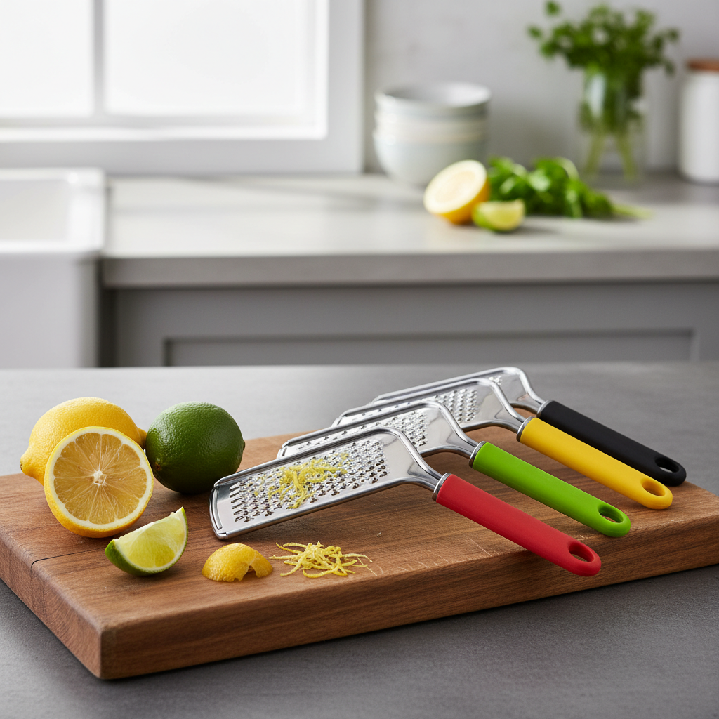 Râpe zesteur inox avec manche coloré sur planche en bois