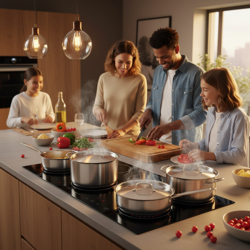 Batterie de cuisine en inox induction en action sur plaque induction, vapeur, ambiance cuisine familiale chaleureuse