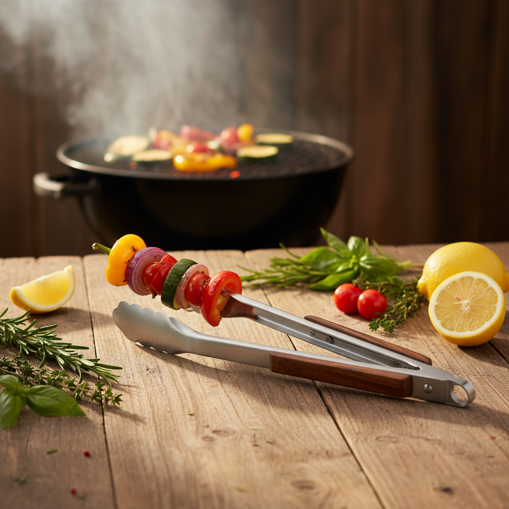 Pinces de cuisine inox avec légumes grillés colorés, herbes fraîches et citron, lumière naturelle chaleureuse