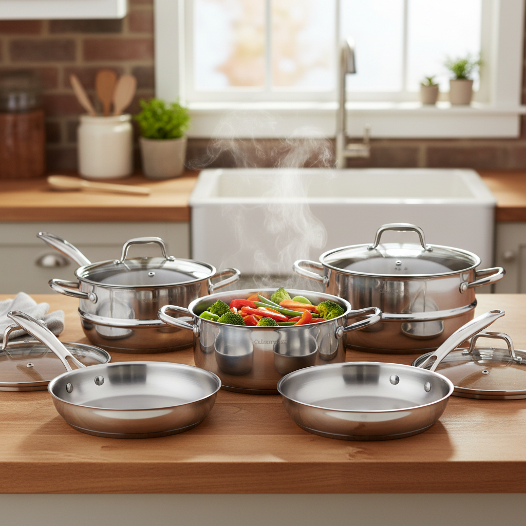 Batterie de cuisine inox induction 10 pièces avec légumes en cuisson sur bois chaud