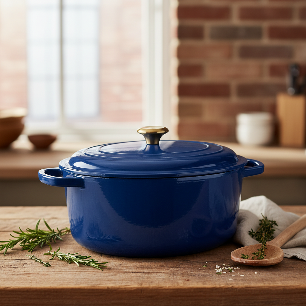 Cocotte en Fonte Émaillée 30cm sur fond naturel bois
