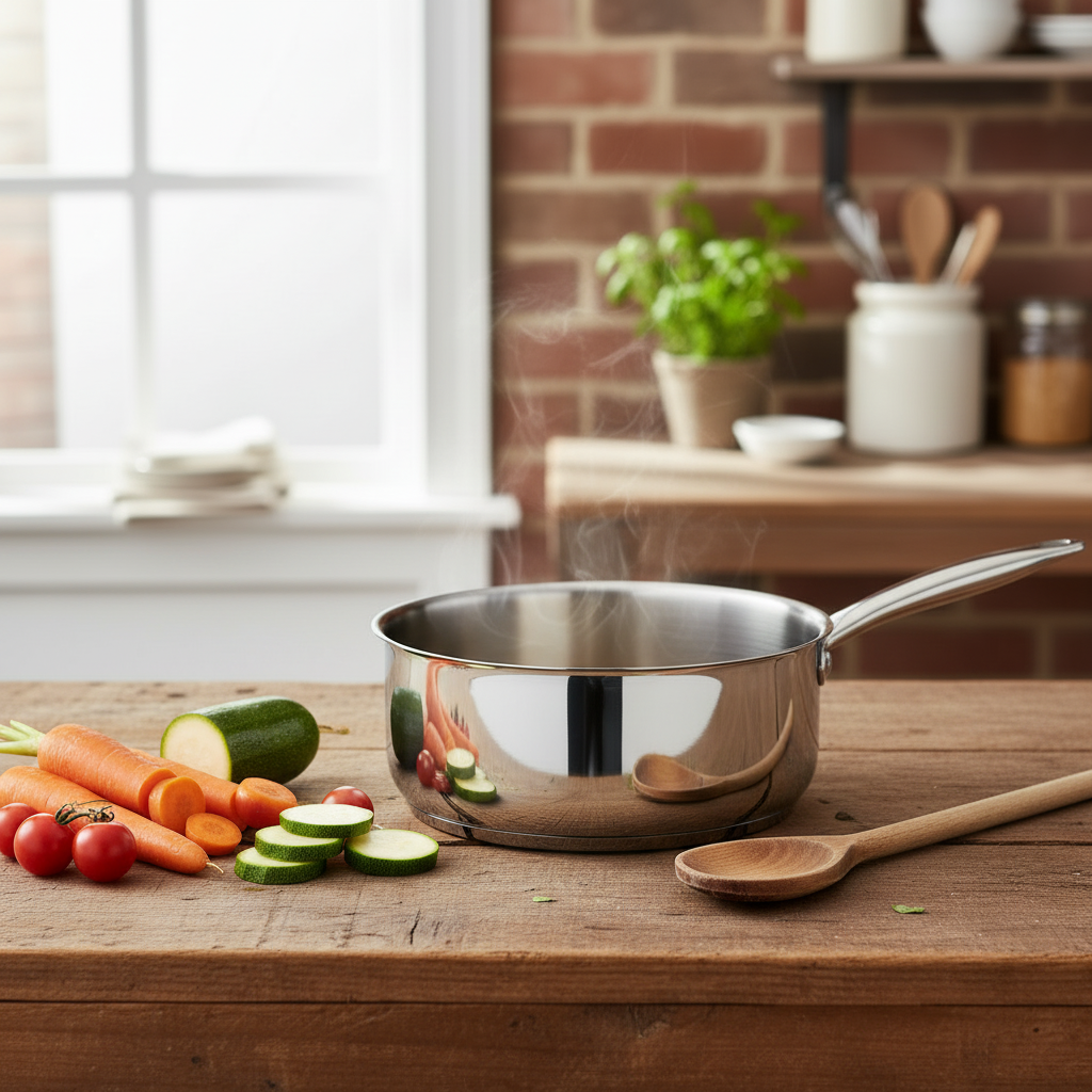 Casserole inox pro 22cm sur table en bois rustique avec légumes frais et cuillère en bois, lumière naturelle douce