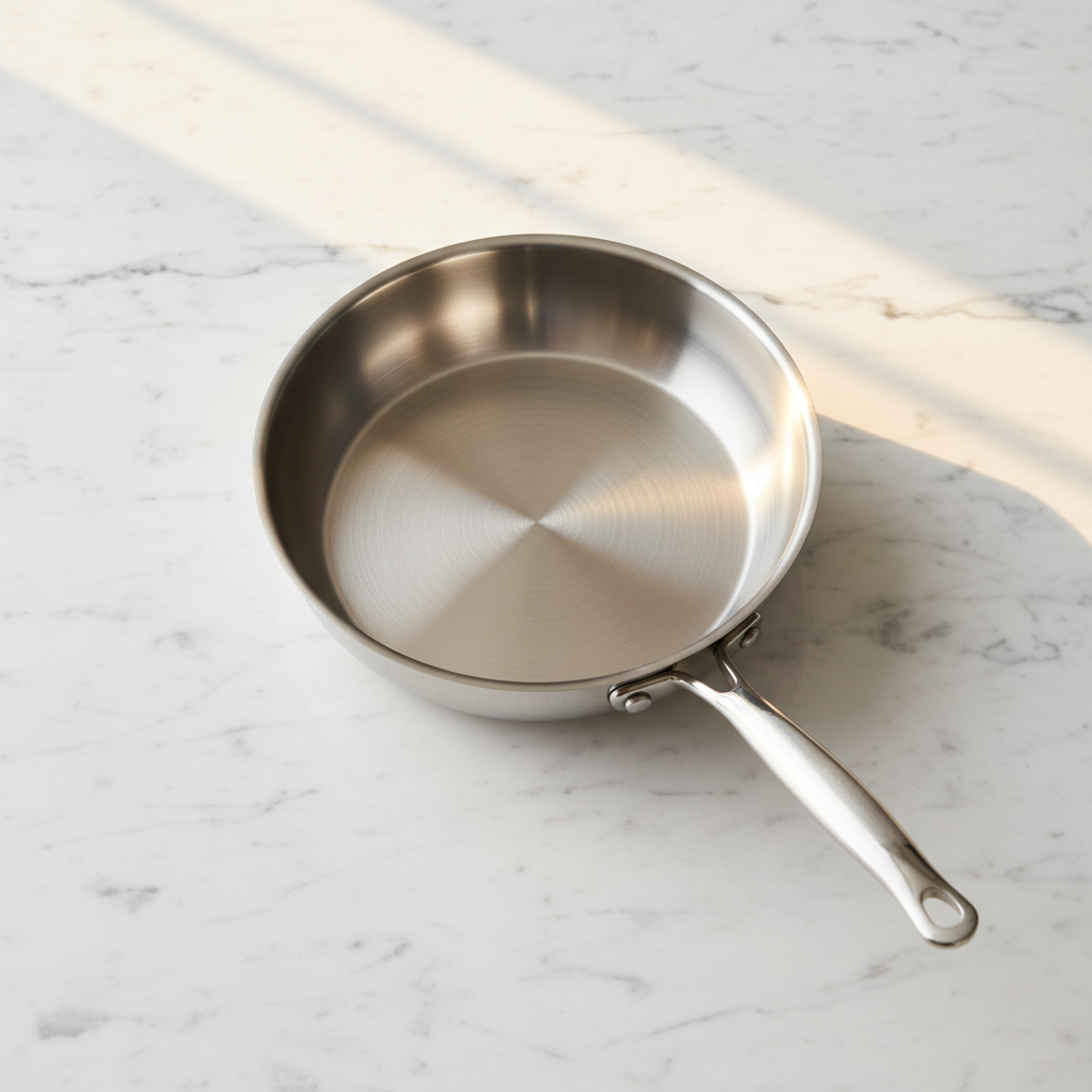 Poêle Inox 30cm Professionnelle — marbre blanc lumière dorée