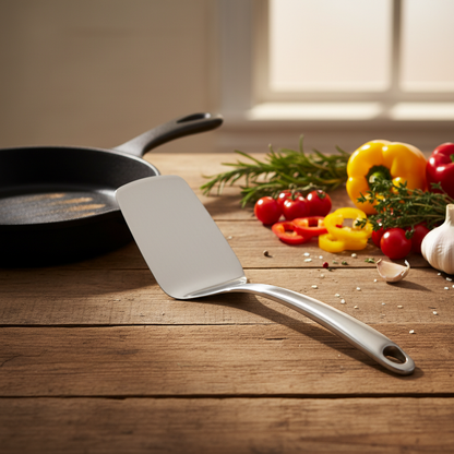 Spatule inox professionnelle 304 sur table en bois avec poêle, herbes fraîches et légumes colorés, lumière naturelle