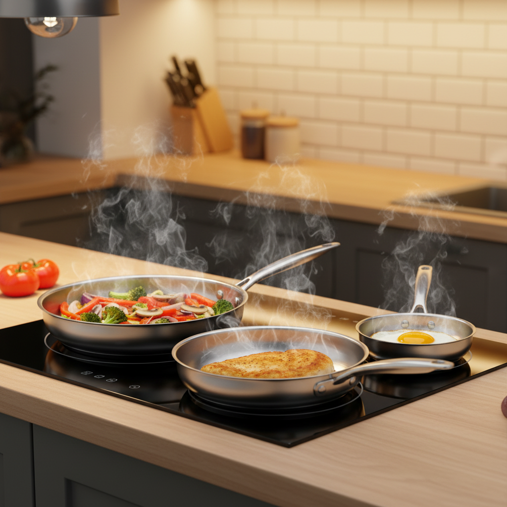 Set de 3 poêles inox en action sur induction avec légumes, poulet et oeuf, lumière dorée