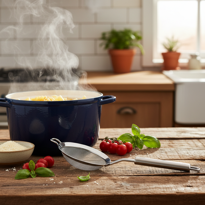 Écumoire inox professionnelle 304 avec marmite de pâtes fumante, tomates fraîches et basilic, lumière naturelle chaleureuse