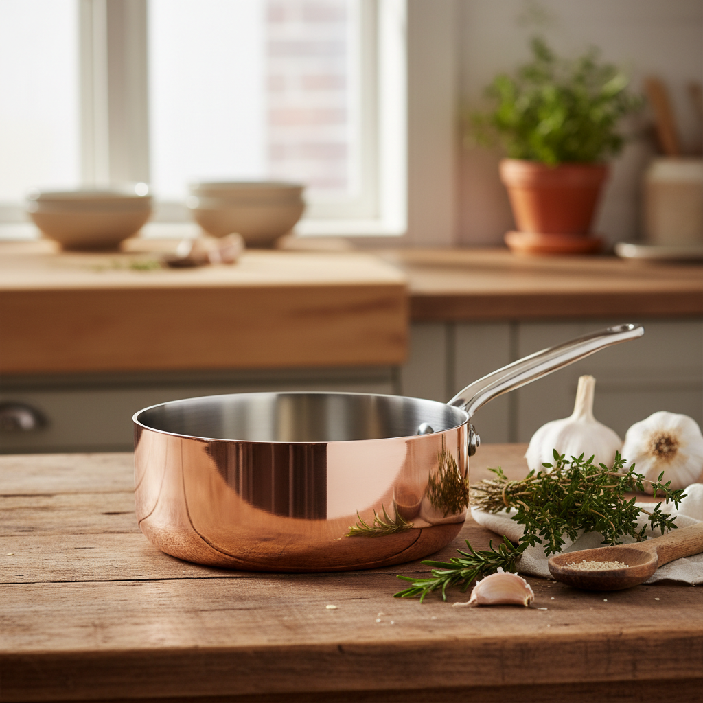 Casserole cuivre 26cm intérieur inox sur table en bois avec herbes fraîches, ail et cuillère en bois, lumière dorée