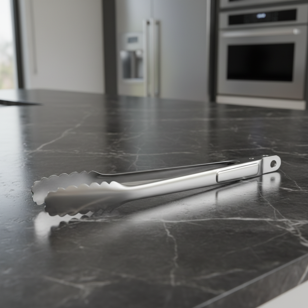 Pinces de cuisine inox professionnelles sur marbre noir