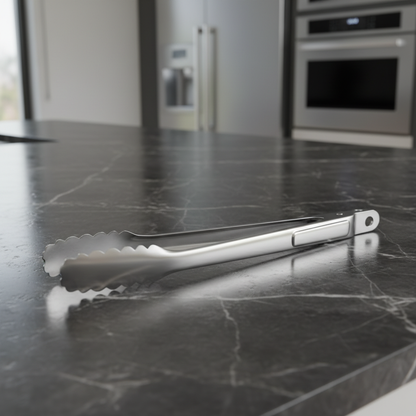 Pinces de cuisine inox professionnelles sur marbre noir