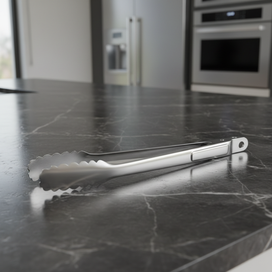 Pinces de cuisine inox professionnelles sur marbre noir