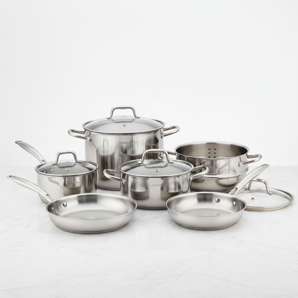 Batterie de cuisine inox induction 10 pièces sur fond marbre blanc lumière dorée