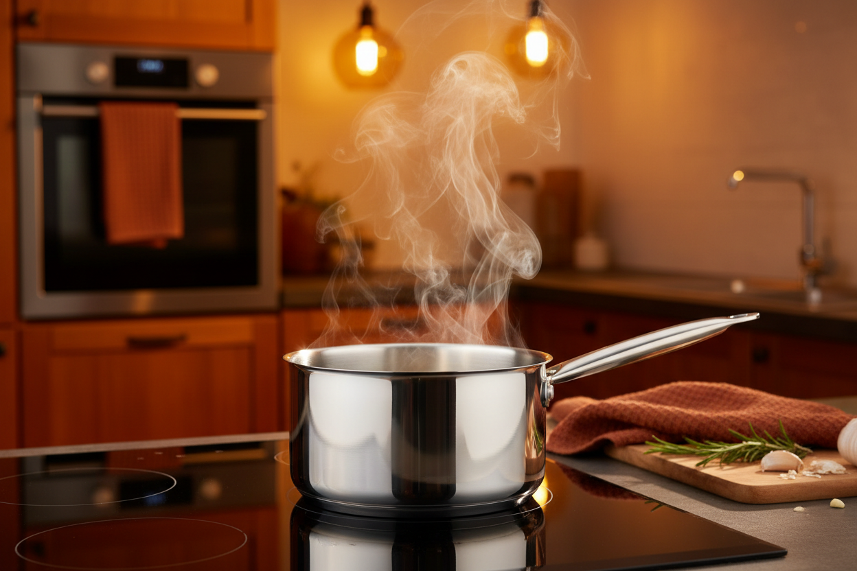 Casserole inox pro 18cm en cuisson avec vapeur qui s'échappe, lumière dorée