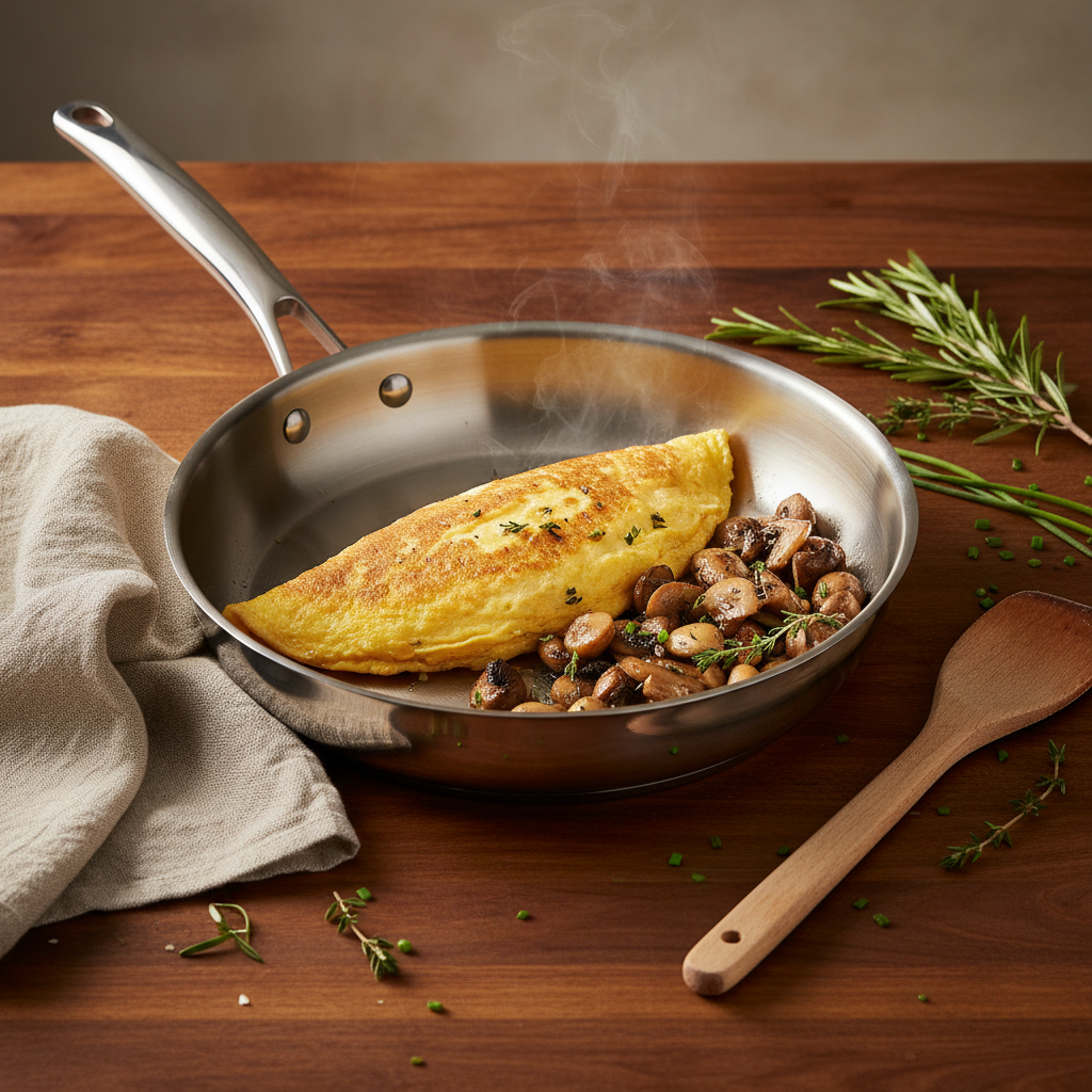 Poêle Inox 24cm — lifestyle bois chaud omelette champignons
